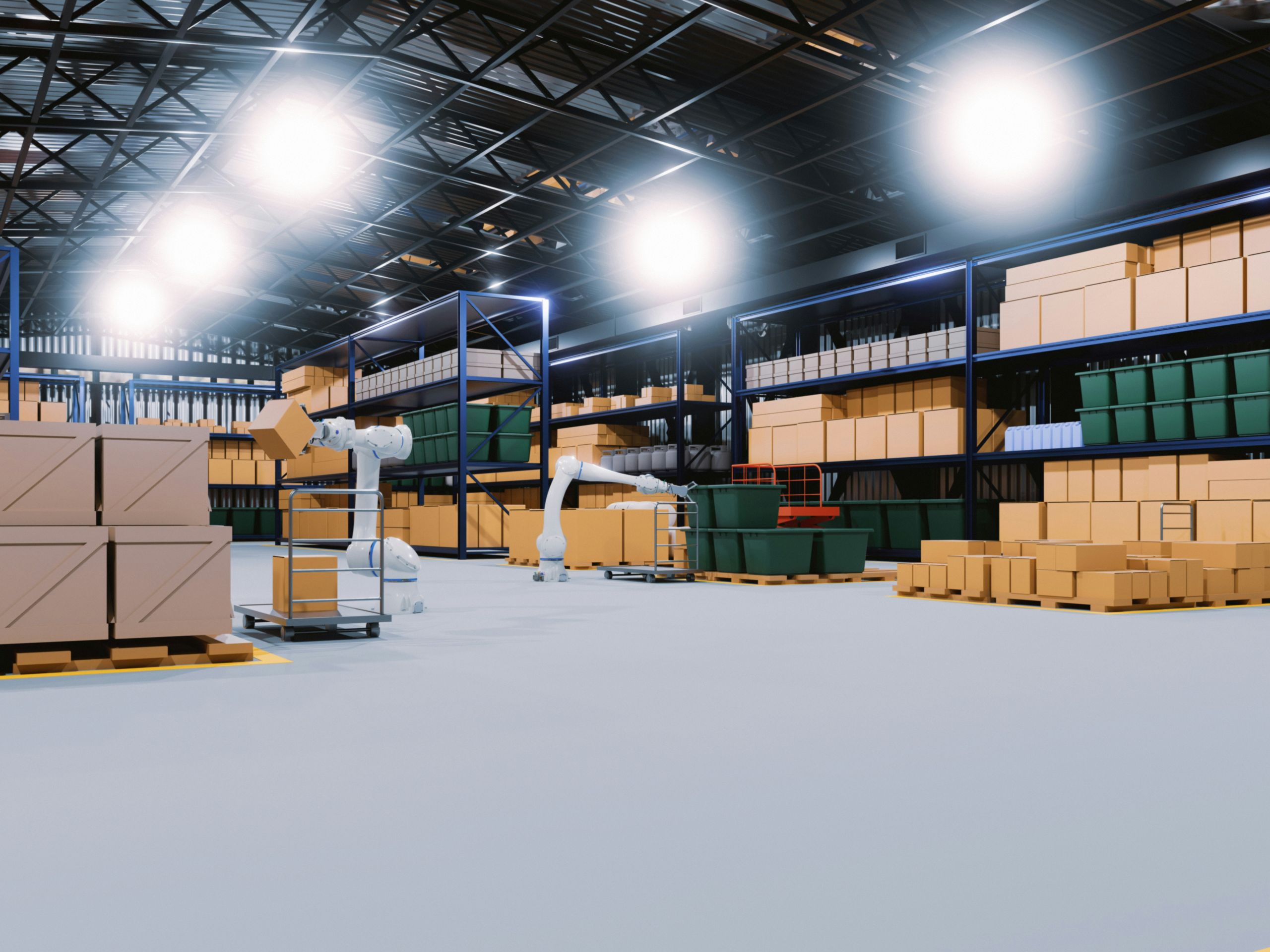 Robotic arms move cardboard boxes in a large, modern warehouse, where advanced LED lighting for large facilities brightly illuminates shelves stacked with packages and crates in the organized, spacious area.